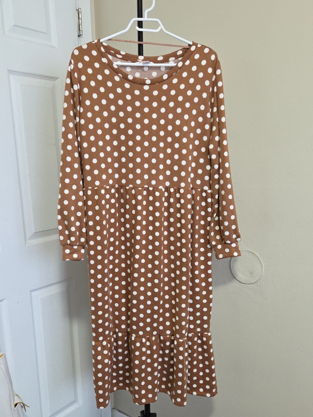 Joe Fresh Tan and White Polka Dot Long Sleeve Casual Dress